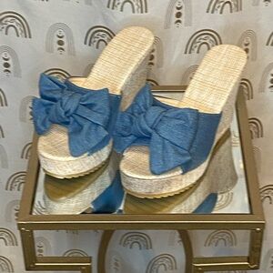 Espadrille Wedge Slide Sandals | Denim Bow | Size 9